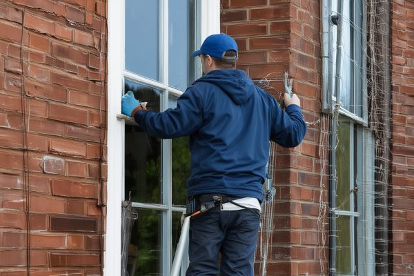 Professional window cleaner at work on exterior windows
