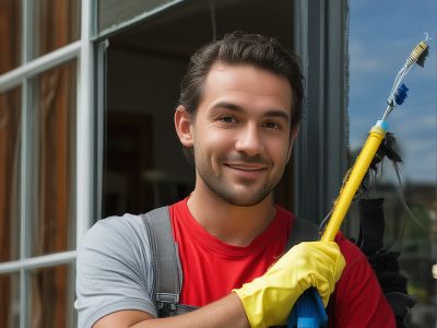 Professional residential window cleaning technician at work
